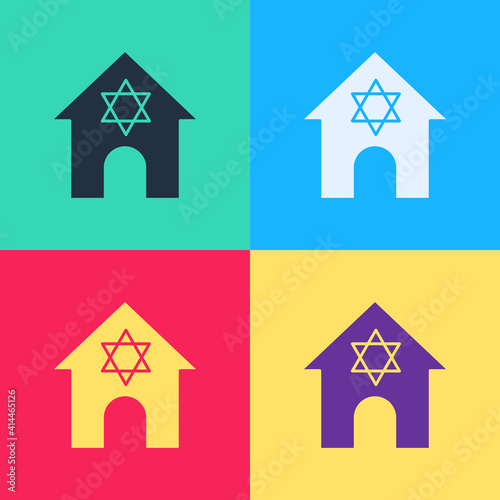 Pop art Jewish synagogue building or jewish temple icon isolated on color background. Hebrew or judaism construction with David star. Vector.