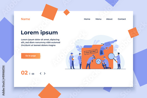 Police detectives searching evidences with magnifying glass flat vector illustration. Cartoon spies or agents in hats, gun and undercover file. Mystery and investigation concept