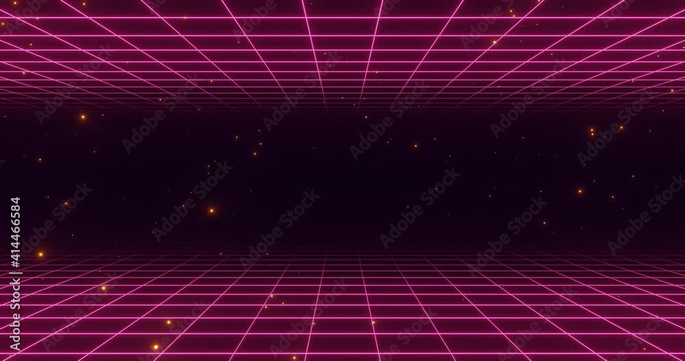 Retro purple background in 80s and 90s style. Seamless cyberpunk pattern of movement towards the sun. Neon landscape of mountains on a background of sunset. 4k Animation in retro wave style.