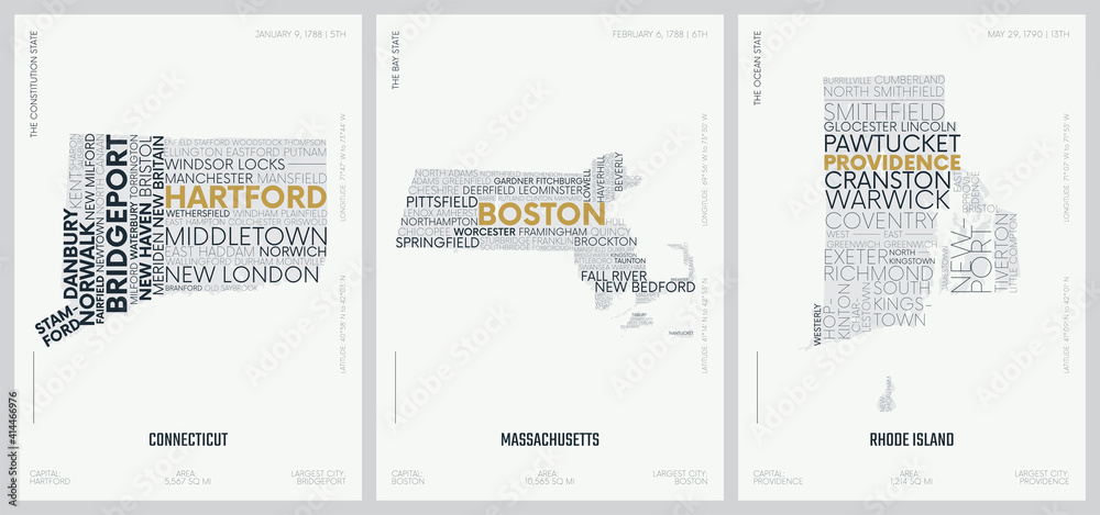 Typography composition of city names, silhouettes maps of the states of America, vector detailed posters, Division New England - Connecticut, Massachusetts, Rhode Island - set 2 of 17
