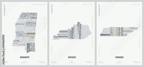 Typography composition of city names, silhouettes maps of the states of America, vector detailed posters, Division East South Central - Mississippi, Kentucky, Tennessee - set 11 of 17