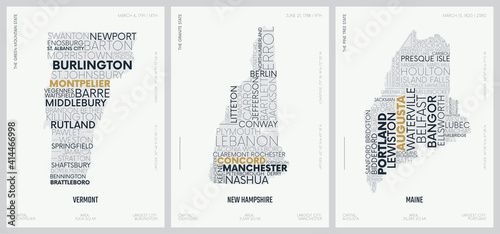 Typography composition of city names, silhouettes maps of the states of America, vector detailed posters, Division New England - Vermont, New Hampshire, Maine - set 1 of 17