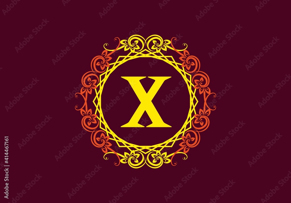 Orange yellow of X initial letter in classic ornament frame Orange yellow of X initial letter in classic ornament frame