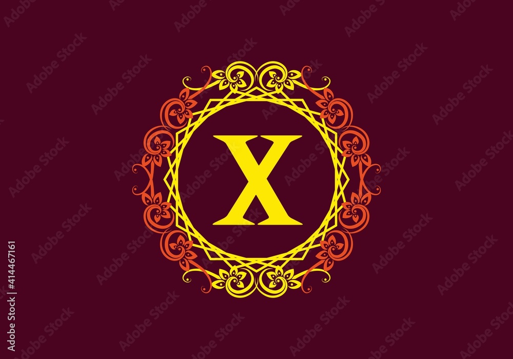 Orange yellow of X initial letter in classic ornament frame