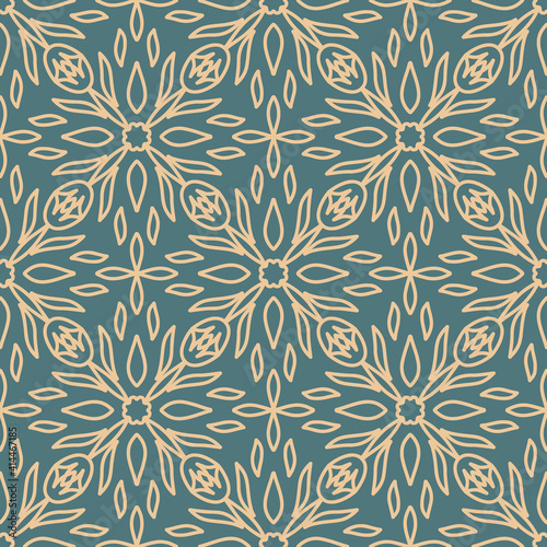 Ceramic tiles seamless pattern. Geometric pattern. Portuguese, Spanish or Moroccan traditional national ornament. Vector mandalas. Pattern with yellow leaves on a turquoise background.
