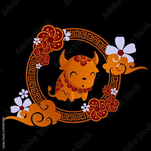 ox of the year, happy chinese new year, with cute and cute decorations to accompany your new year, with a traditional chinese accent that will beautify the room. with red and yellow gold.
