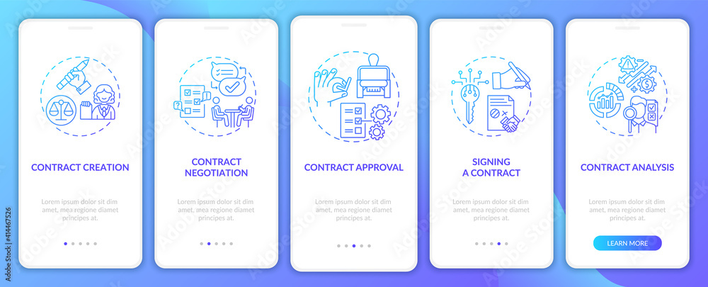 Contract lifecycle steps onboarding mobile app page screen with concepts. Contract points discussing walkthrough 5 steps graphic instructions. UI vector template with RGB color illustrations