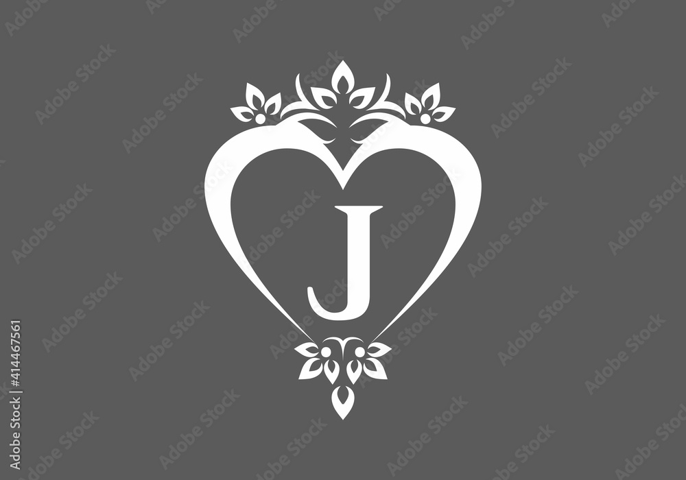 White grey of J initial letter in love shape frame White grey of J initial letter in love shape frame