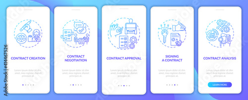 Contract lifecycle steps onboarding mobile app page screen with concepts. Contract points discussing walkthrough 5 steps graphic instructions. UI vector template with RGB color illustrations