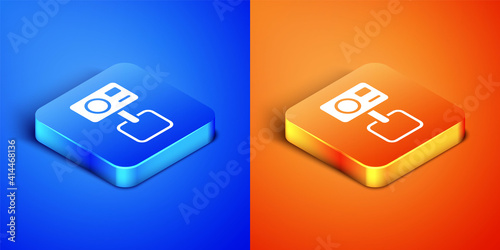 Isometric Action extreme camera icon isolated on blue and orange background. Video camera equipment for filming extreme sports. Square button. Vector.