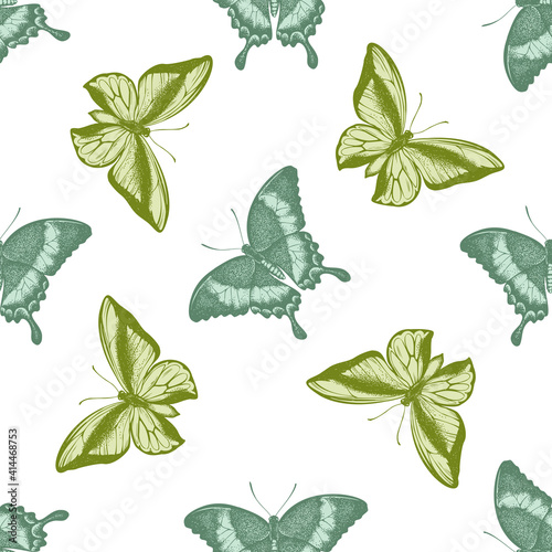 Seamless pattern with hand drawn pastel emerald swallowtail, swallowtail butterfly