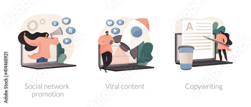 Digital marketing abstract concept vector illustration set. Social network promotion, viral content, content copywriting, comment and share, followers high engagement, Internet meme abstract metaphor.