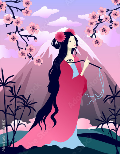 Asian landscape with mountain, bamboo, sakura blossom and girl