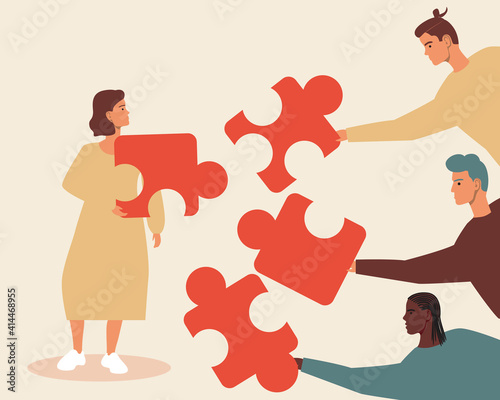 Woman with puzzle on Quick date, flat vector starting stock illustration as concept of couple choice