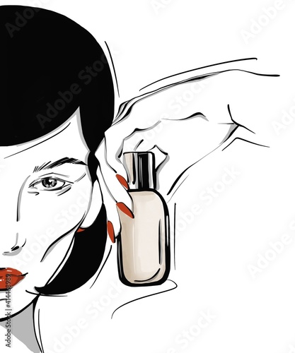 Illustration of the face of a girl who is holding a jar of her favorite face cream in her hand.