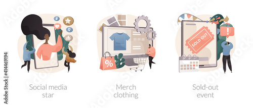 Celebrity media engagement abstract concept vector illustration set. Social media star, merch clothing, sold-out event, account monetization, branded design, show overbooking abstract metaphor.