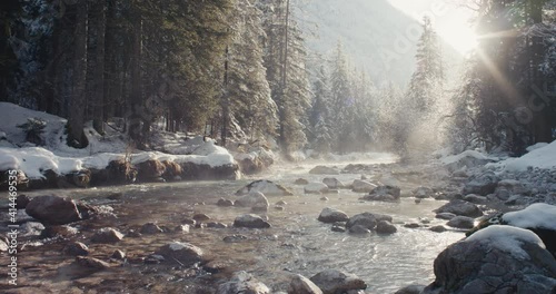 Sun light shines melts forest Alps river snow winter change to spring