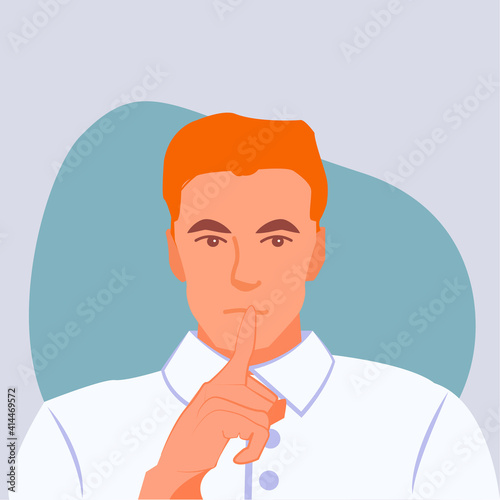 Shhh... Man keeps finger on lips, demonstrates silence sign, has a secret. Editable vector illustration