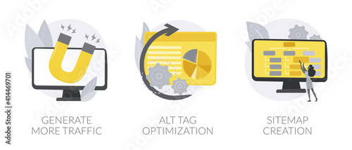 SEO online service abstract concept vector illustration set. Generate more traffic, alt tag optimization, sitemap creation, page navigation, search engine, marketing research abstract metaphor.