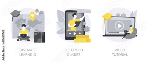 Online education abstract concept vector illustration set. Distance learning, recorded classes, video tutorial, watching webinar, podcast courses, elearning tutorial, online degree abstract metaphor.