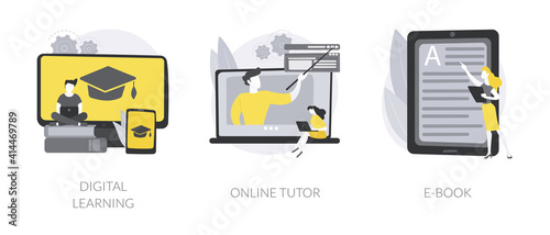 Distance education abstract concept vector illustration set. Digital learning, online tutor, download e-book, home school, video call, watch webinar, digital library, homework abstract metaphor.