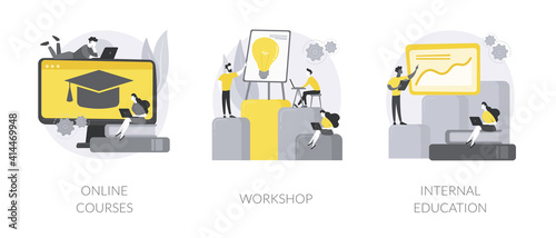 Digital education abstract concept vector illustration set. Online courses, workshop, internal education, watching webinar, business coach, teamwork learning, practicing new skills abstract metaphor.