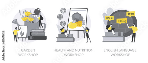 Training programs abstract concept vector illustration set. Garden, health and nutrition, foreign language workshops, native speaker course, landscape design, learn cooking abstract metaphor.