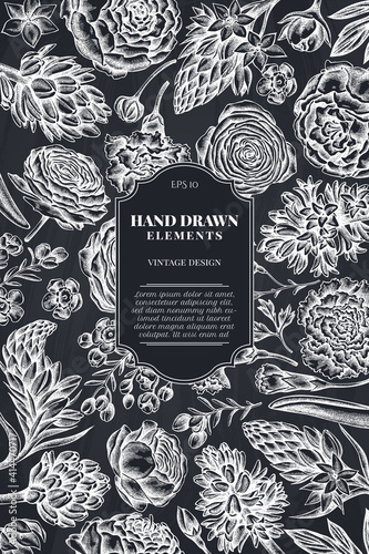 Card design with chalk peony, carnation, ranunculus, wax flower, ornithogalum, hyacinth