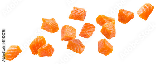 Tela Falling salmon slices isolated on white background