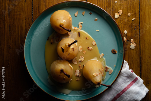 Poached pears with salted caramel sauce