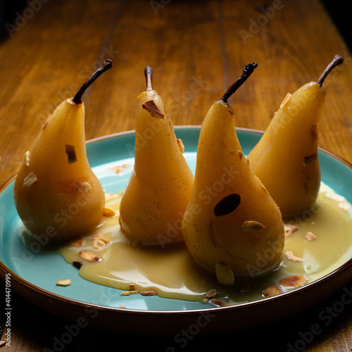 Poached pears with salted caramel sauce