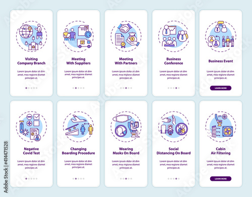 Business travel trends onboarding mobile app page screen with concepts. Visiting company branch walkthrough 10 steps graphic instructions. UI vector template with RGB color illustrations