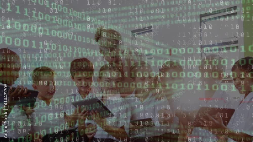 Binary coding data processing against female teacher and group of students using digital tablet Binary coding data processing against female teacher and group of students using digital tablet