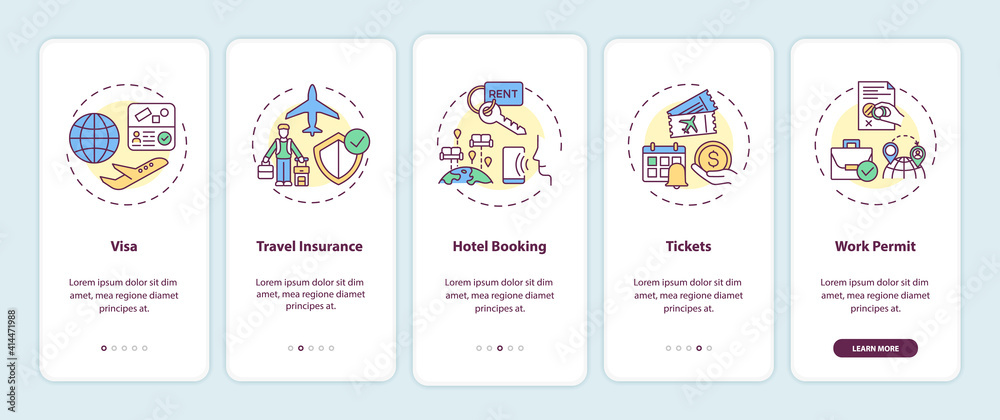 Business trip requirements onboarding mobile app page screen with concepts. Travel insurance walkthrough 5 steps graphic instructions. UI vector template with RGB color illustrations