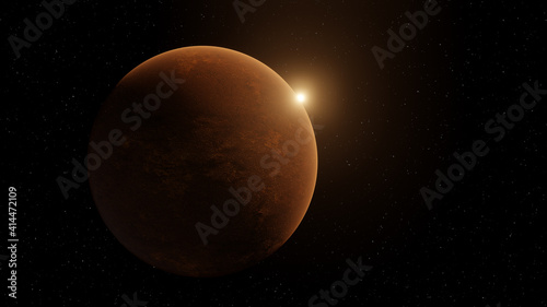 Space scene with a red planet and sunset sunrise. 3D Rendering