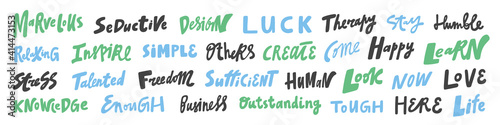Vector hand drawn sticker logo words set collection. Hand drawn lettering set for social media content