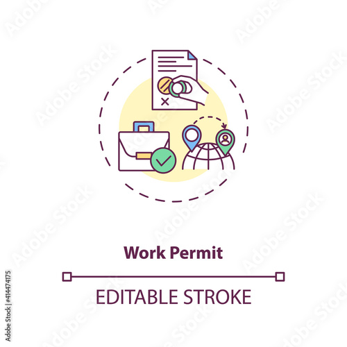 Work permit concept icon. Work immigration idea thin line illustration. Business travel during covid pandemic. Moving organization. Vector isolated outline RGB color drawing. Editable stroke