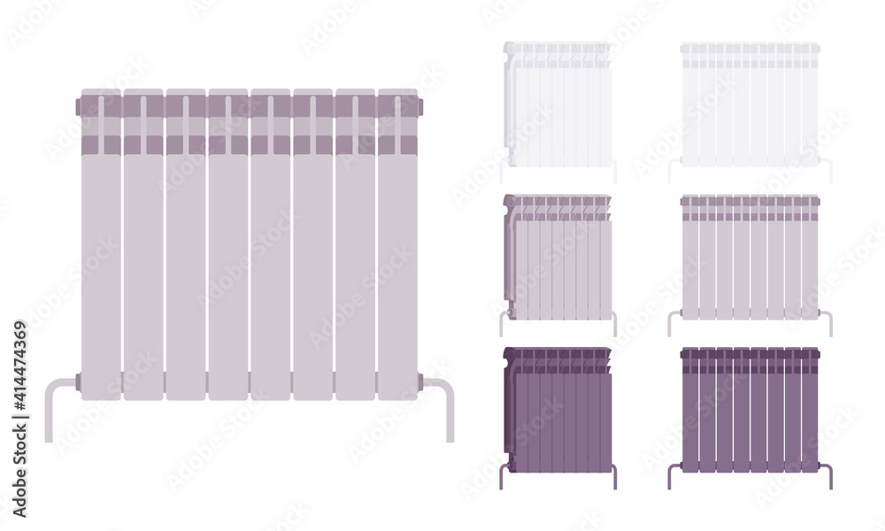 Modern wall mount radiator home heater set. Equipment to keep room, kitchen, bathroom and bedrooms warm. Vector flat style cartoon illustration isolated on white background, different colors and views Modern wall mount radiator home heater set. Equipment to keep room, kitchen, bathroom and bedrooms warm. Vector flat style cartoon illustration isolated on white background, different colors and views