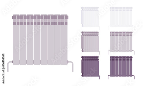 Modern wall mount radiator home heater set. Equipment to keep room, kitchen, bathroom and bedrooms warm. Vector flat style cartoon illustration isolated on white background, different colors and views