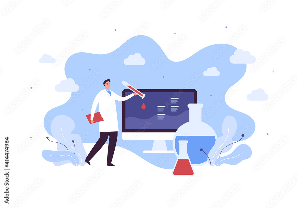 Laboratory science and medical biotechnology research concept. Vector flat character illustration. Male doctor hold test tube with liquid drop. Scientist make blood test analysis. Computer monitor. Laboratory science and medical biotechnology research concept. Vector flat character illustration. Male doctor hold test tube with liquid drop. Scientist make blood test analysis. Computer monitor.