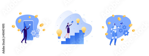 Business technology and marketing concept. Vector flat creative illustration set. Businessman, businesswoman and robot hold loudspeaker. Smartphone, growing chart and light bulb symbol.