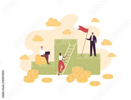 Business partnership, teamwork and finance investment success concept. Vector flat creative illustration. Businessman in suit hold flag, african american woman climbin on ladder. Money symbol.