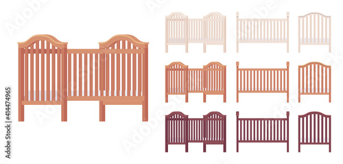 Baby and toddler wooden cot bed set. Nursery home small furniture for young child, infant safe cradle. Vector flat style cartoon illustration isolated on white background, different colors, views