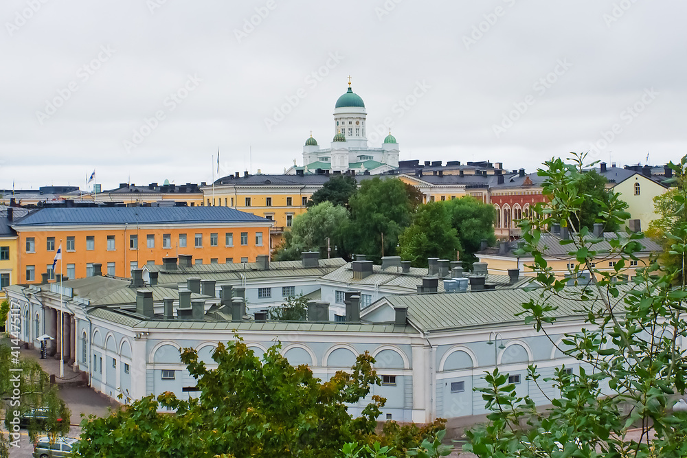 Dome of Helsinki cathedral and cityscape in Kruununhaka Finland