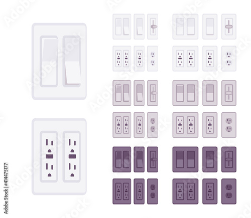 USA, Canada socket, wall light switch with wallplate set. American standard power special electric elements. Vector flat style cartoon illustration isolated, white background, different colors, view