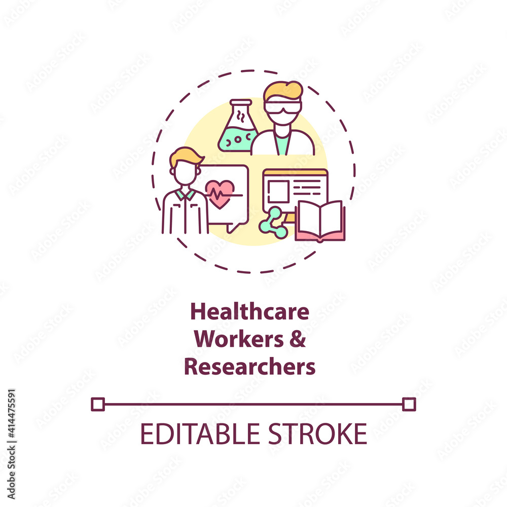 Healthcare workers and researchers concept icon. Covid 19 safety measures idea thin line illustration. Medical staff. Battle covid 19. Vector isolated outline RGB color drawing. Editable stroke Healthcare workers and researchers concept icon. Covid 19 safety measures idea thin line illustration. Medical staff. Battle covid 19. Vector isolated outline RGB color drawing. Editable stroke