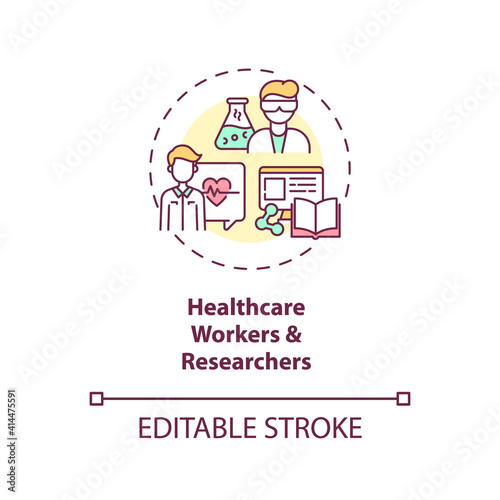 Healthcare workers and researchers concept icon. Covid 19 safety measures idea thin line illustration. Medical staff. Battle covid 19. Vector isolated outline RGB color drawing. Editable stroke