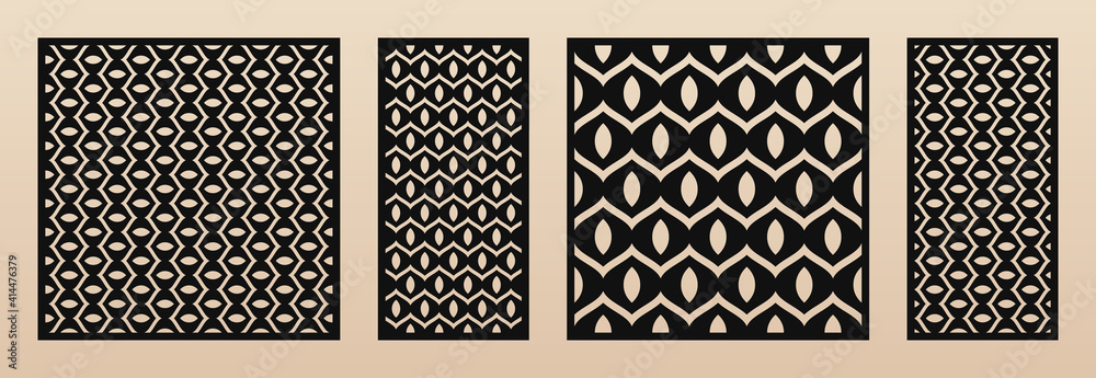 Laser cut panels. Vector design with elegant geometric pattern, wavy lines, mesh, abstract grid. Template for cnc cutting, decorative panel of wood, metal, plastic, plywood. Aspect ratio 1:1, 1:2 Laser cut panels. Vector design with elegant geometric pattern, wavy lines, mesh, abstract grid. Template for cnc cutting, decorative panel of wood, metal, plastic, plywood. Aspect ratio 1:1, 1:2