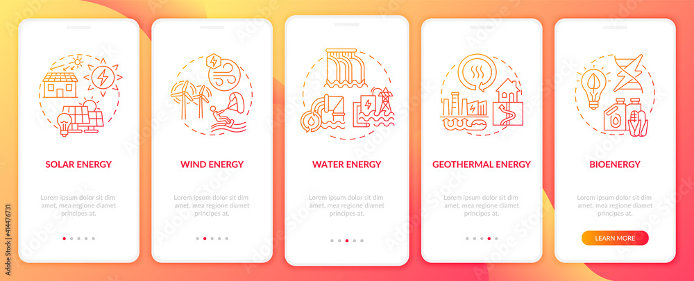 Emerging technologies onboarding mobile app page screen with concepts. Clean energy types walkthrough 5 steps graphic instructions. . UI vector template with RGB color illustrations