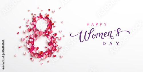 Women's Day greeting card or banner with pink cut eight number and flying paper hearts. Vector 8 March international holiday poster template